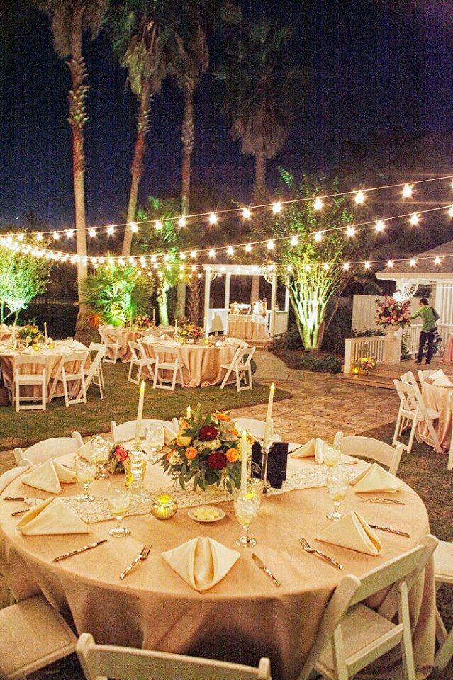 night time wedding reception with market lights