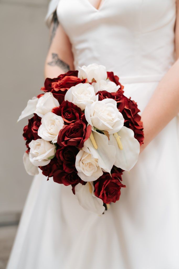 Red and White wedding bridal bouquet by Meant to be Elopements
