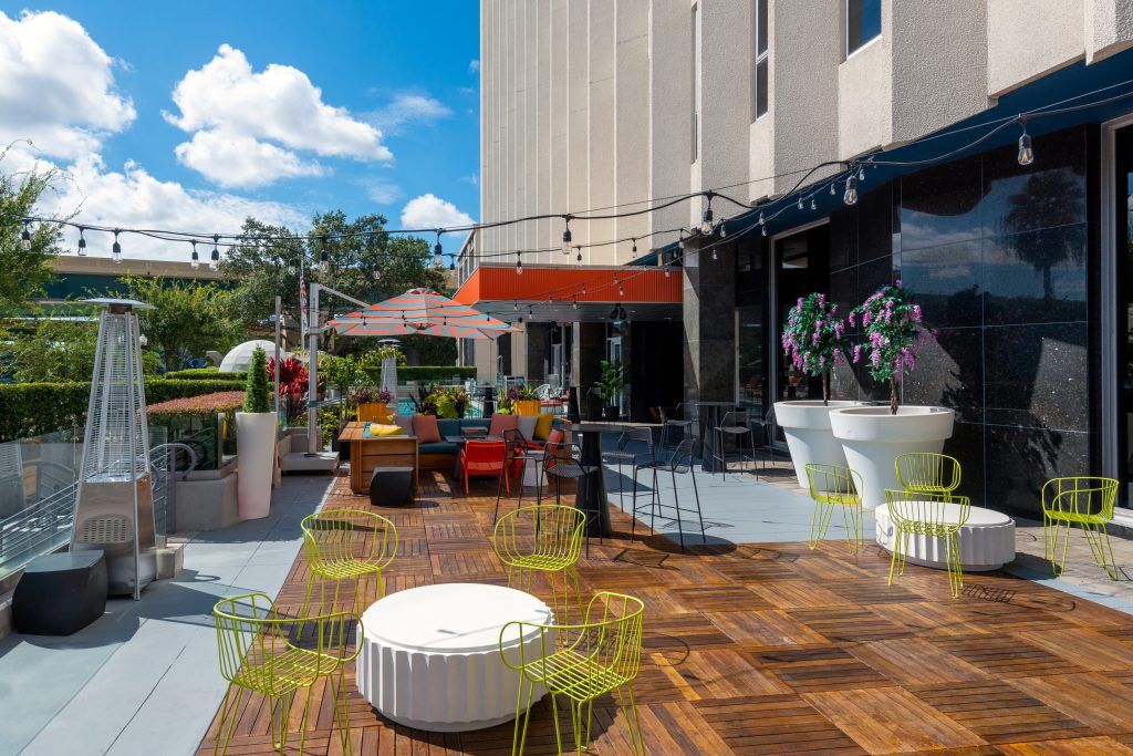 Airy and bright patio space at Aloft Orlando Downtown perfect for an outdoor intimate ceremony