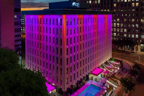 Aloft Orlando Downtown colorfully lit during night time events