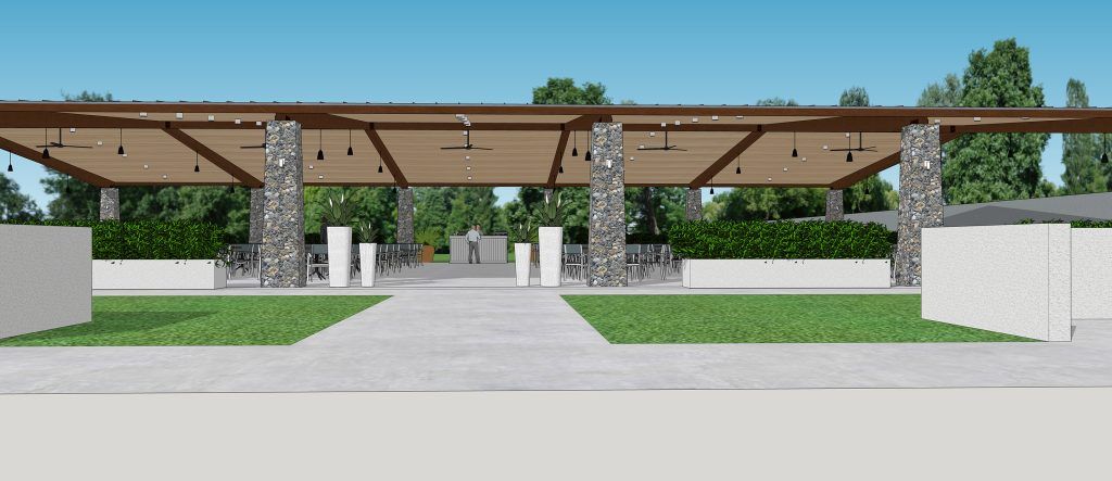 Front view rendering of an open-air pavilion with ceiling fans and stone columns at DoubleTree by Hilton Orlando.