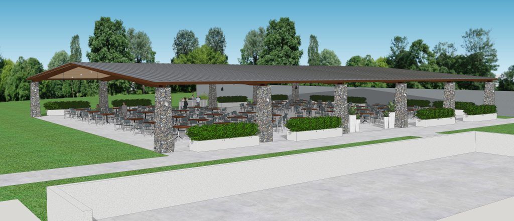 Rendering of an outdoor covered pavilion with stone columns and modern seating at DoubleTree by Hilton Orlando.